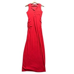 Athleta Maxi Dress Women Medium Red Henley Sleeveless Ribbed Side Slit 491258-01
